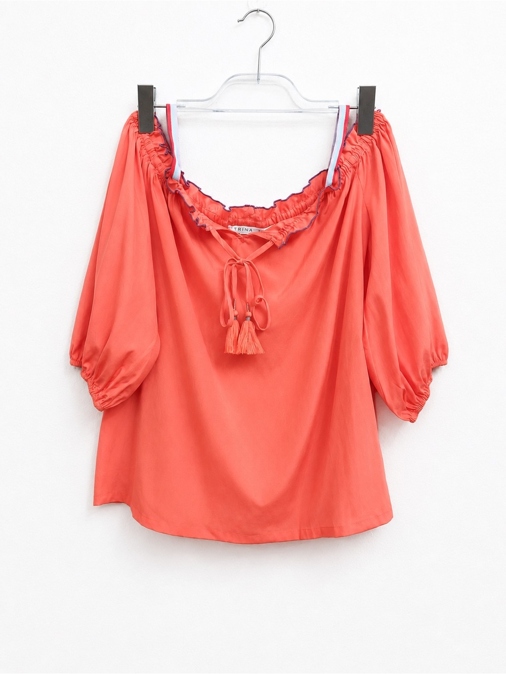 Trina Turk Coral Orange Off-Shoulder Top with Tassel Ties